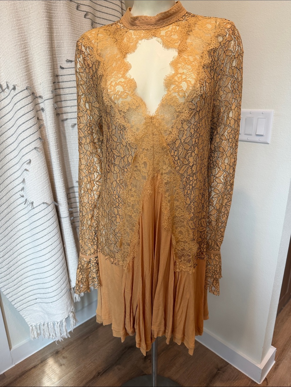 Free People Lace Overlay Long-Sleeve Dress in Mustard